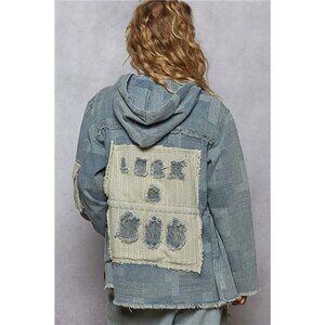 POL Raw Hem Drawstring Zip Up Hooded Denim Jacket